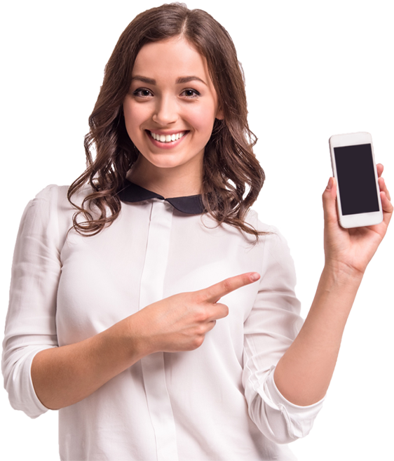 Smiling woman showcasing a smartphone with enthusiasm.